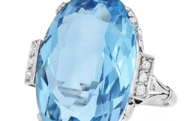 Vintage GIA Ocean Blue 16.83 Carat Aquamarine Diamond 18k Gold Cocktail Ring