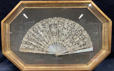 Vtg Lace & Mother of Pearl Mounted Fan