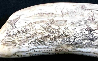WHALE TOOTH SCRIMSHAW LAYING ON THE WHALESHIP