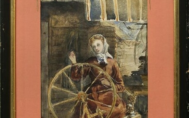 Watercolor, Woman Spinning Wheel