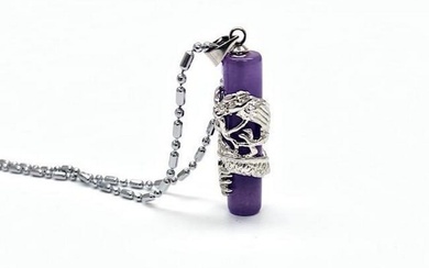 White Gold Plated Chinese Lavender Jade Pendant Dragon Pillar Necklace