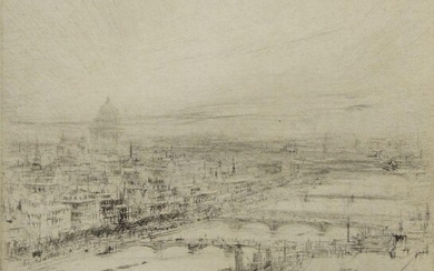 William Walcot RE, British 1874-1943- View of London and the Thames from above; etching, signed in pencil, 13 x 12.7 cm.