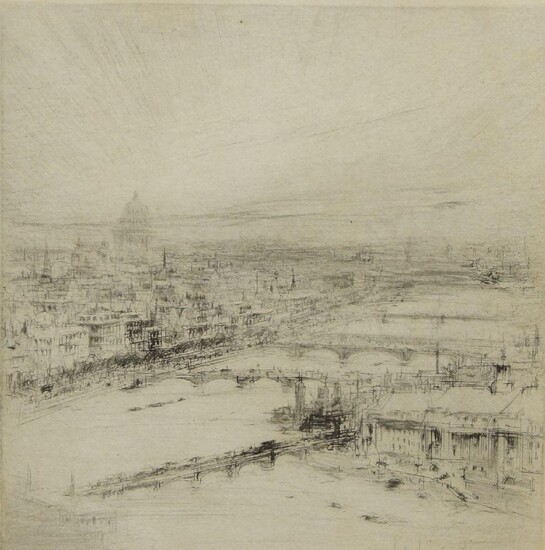 William Walcot RE, British 1874-1943- View of London and the Thames from above; etching, signed in pencil, 13 x 12.7 cm.