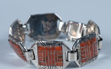 Zuni Contemporary Sterling Silver & Coral Inlay Bracelet