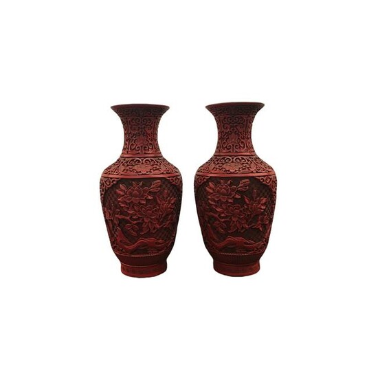 pair Chinese Carved Lacquer Vases with Qinglong Mark