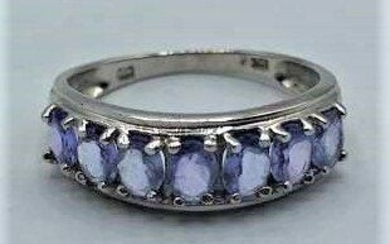 10 K White Gold Ring Row of 7 Oval Tanzanite Stones