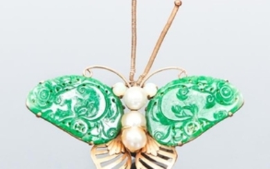 14 K Gold Jade Pearl and Opal Butterfly Pin