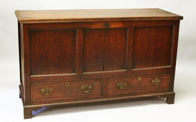 A 19TH CENTURY OAK COFFER BACK, with a plain plank top