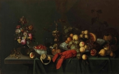 Michiel Simons (active in Utrecht by 1648-1673), Still life with flowers, fruits and lobster