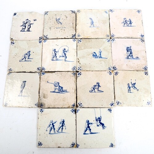 14 Dutch Delft blue and white tiles, late 18th/early 19th ce...