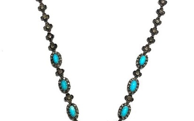 14 kt. Silver, Yellow gold - Necklace Turquoises - Diamonds