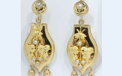 14 kt. Yellow gold - Earrings, Long hanging, Antique Victorian, Anno 1880 - Pearl - NO RESERVE PRICE