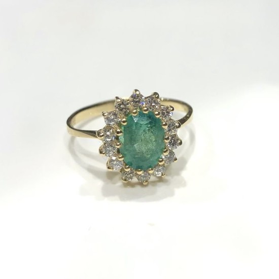 14 kt. Yellow gold - Ring Emerald - Diamond