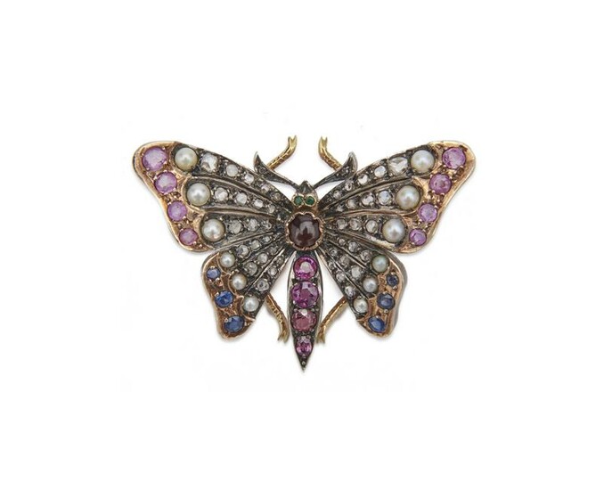 14K Gold, Silver, Diamond, Pearl, and Gemset Butterfly
