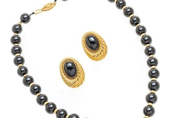 14K Yellow Gold and Black Onyx Bead Necklace, Matching Earrings L 17”