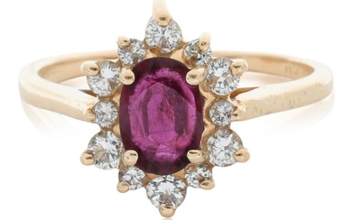 14K YELLOW GOLD, RUBY AND DIAMOND ALTERNATING HALO RING