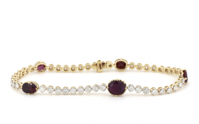 14K Yellow Gold, Ruby and Diamond, Line Bracelet. The design...