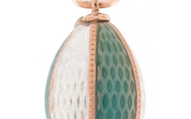 14ct gold blue and white guilloche enamel egg pendant, impre...