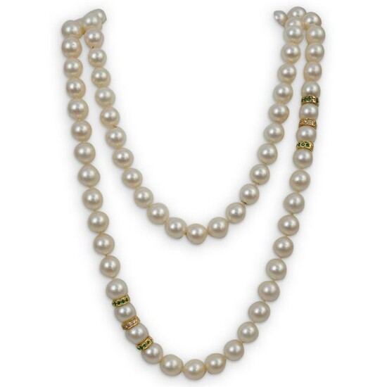 14k Pearl, Diamond and Emerald Necklace