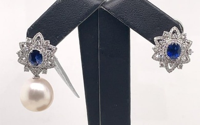 18 Karat White Gold Sapphire Diamond Floral Drop Day & Night Earring 2.45 Carats