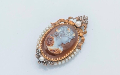 18-carat (750 thousandths) yellow gold element adorned with a cameo on tricolor agate depicting a young woman's profile with a buckle, surmounted by a knotted ribbon centered on a pearl and a fleur-de-lys set with rose-cut diamonds, supported by...