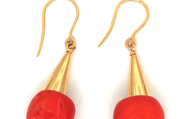 18 carati Oro giallo - Orecchini - Coralli rossi del mediterraneo 8.90 x 11.64 mm Peso totale: 5.39 g