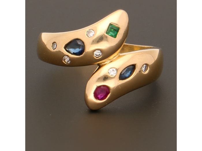 18 kt. Gold - Ring Sapphire - Diamond, Emerald, Ruby