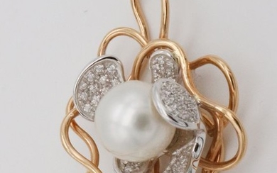 18 kt. South sea pearl, White gold, Yellow gold, 12 mm - Pendant - 0.42 ct Diamond - Diamonds