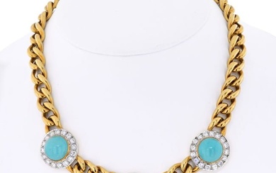 18K Yellow Gold Three Station Turquoise And Diamond Necklace