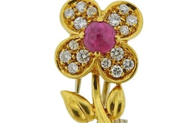 18k Gold Diamond Ruby Flower Brooch Pin