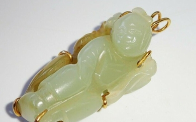 19C Chinese Jade Carved 14K Y. G. Pendant Boy (FeO)#30