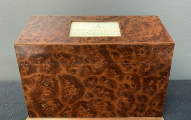 19th C Burl Wood Stationary Box With Painted Scene