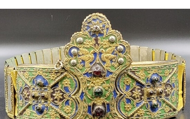 19th C Greek Ottoman Wedding Belt With Enamel Glass Ins