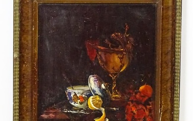 19th century, Continental School, Oil on board, A still life study with a spoon warmer, wine glass