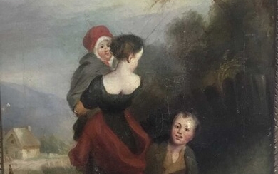 19th century English School, figures in a landscape, together with a watercolour portrait