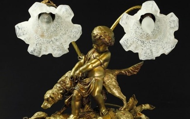 19th century French Dore bronze lamp with cherub base and glass lamp shades