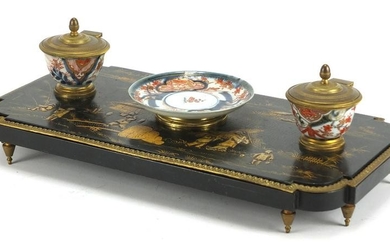 19th century French black lacquer and porcelain