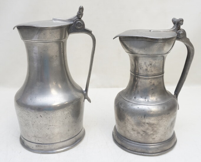 2 ANTIQUE 18th / 19th c PEWTER FLAGONS