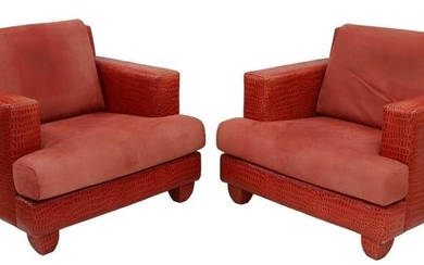 (2) FRENCH MODERN CLAUDE DALLE LEATHER ARMCHAIRS