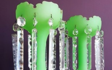 2 Supersized Antique Apple Green Opaline Glass Lustres | Golden Edges Bracket-shaped Edge | (2) - Opaline glass