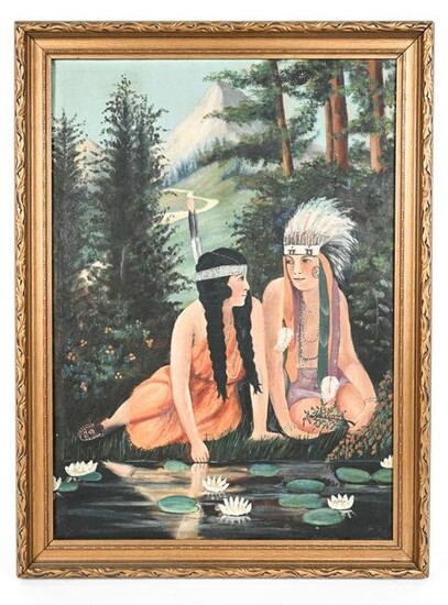 20TH C. INDIAN MAIDENS O/C PAINTING