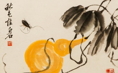 20th Century Chinese watercolor Gourd and Insect
