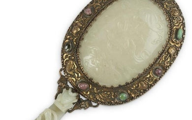 20th c. Chinese Silver Jade Belt Hook Hand Mirror
