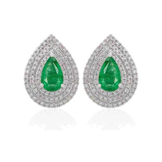 2.10 TCW Emerald Diamond Pear Studs 18K White Gold