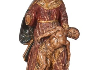 229 Pieta Sculpture en bois XVIIème Polychromie postérieure Usures et accidents H:68 cm