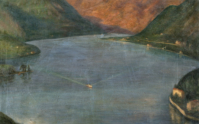 Ugo Bernasconi ( Buenos Aires 1874 - Cantù 1960 ) , "Veduta del Lago di Como" olio su tela (cm 102x125) Siglato in basso a sinistra (difetti) In cornice