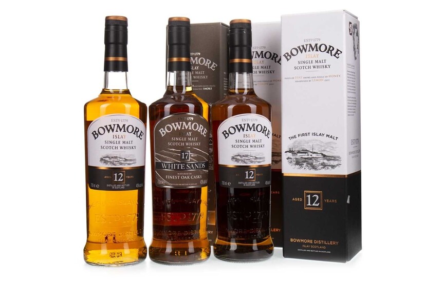 BOWMORE WHITE SANDS 17 YEARS OLD AND TWO BOWMORE 12 YEARS OLD