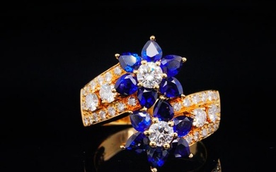 2.70ctw Blue Sapphire, 1.05ctw Diamond and 18K Flower Ring