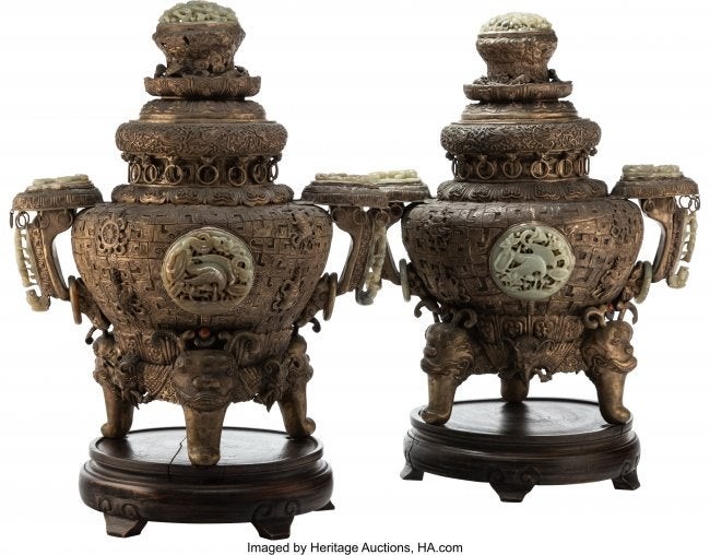 28029: A Pair of Chinese Jade and Metal Censers 21-1/4