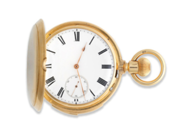 An 18K gold keyless wind full hunter minute repeating pocket watch